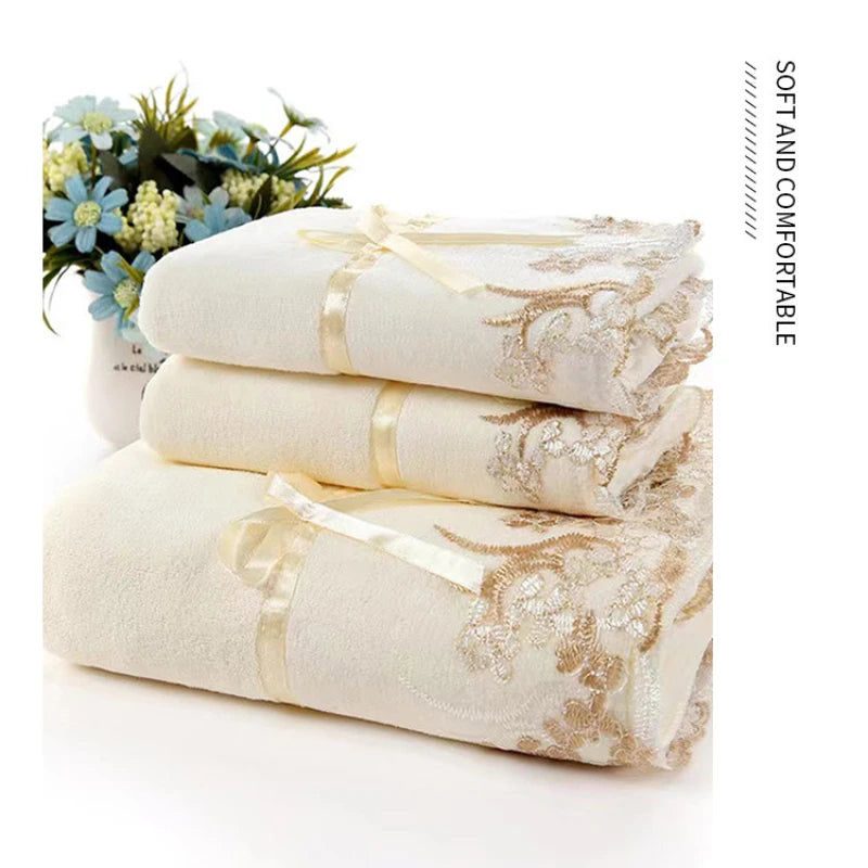 Plain Color Lace-Trimmed 3-Piece Set – Soft & Absorbent Embroidered Gift Towel & Bath Towel Collection